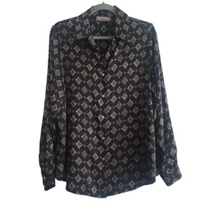 NEW Valerie Stevens 14W 100% Silk Black Floral Medallion Button Up Shirt